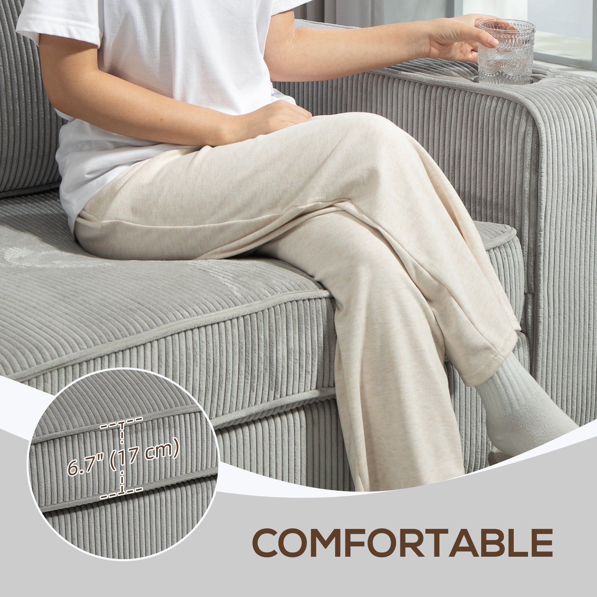Three Seater Sofa, Fabric 3 Seater Couch with Spring Cushion and Cup Holders for Living Room, Bedroom, Light Grey 3-Seater Sofas at Gallery Canada