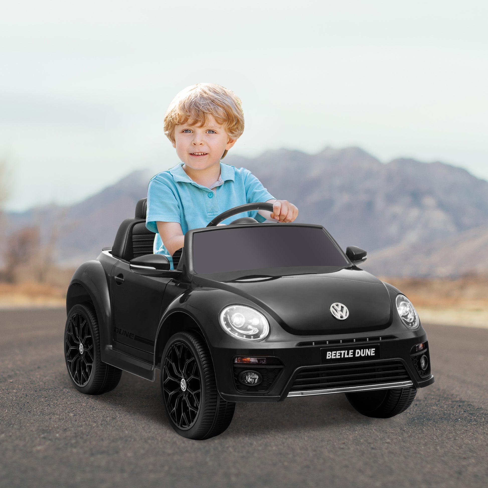 12V Volkswagen Beetle Licensed Electric Car for Kids w/ Remote Control, 4 Spring Suspension Wheels, Soft Start, Black Electric Toy Cars   at Gallery Canada