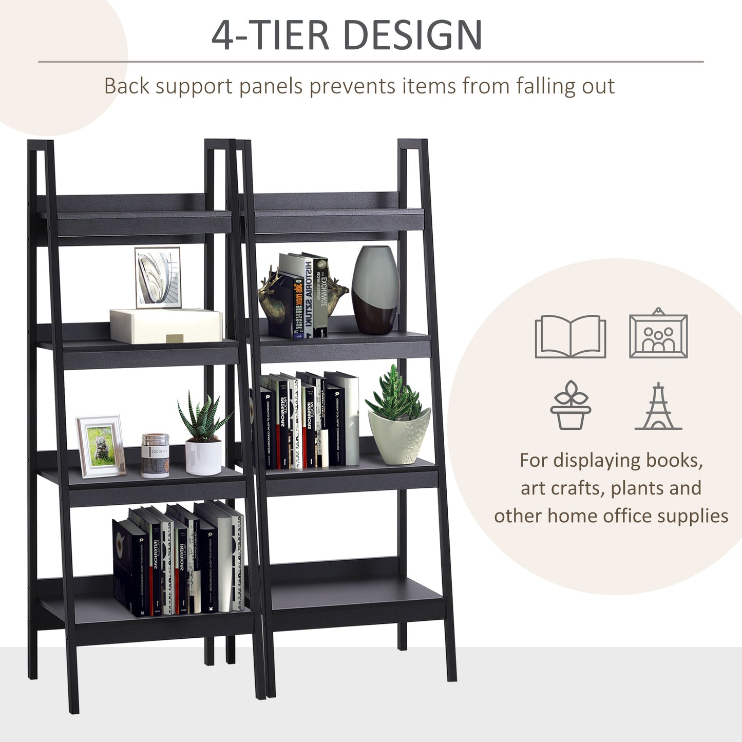 Set of 2, 4 Tier Ladder Shelf Bookcase, Multi-Use Display Rack, Storage Shelving Unit Display Stand, Flower Plant Stand, Home Office Furniture, Black Display Bookshelves   at Gallery Canada