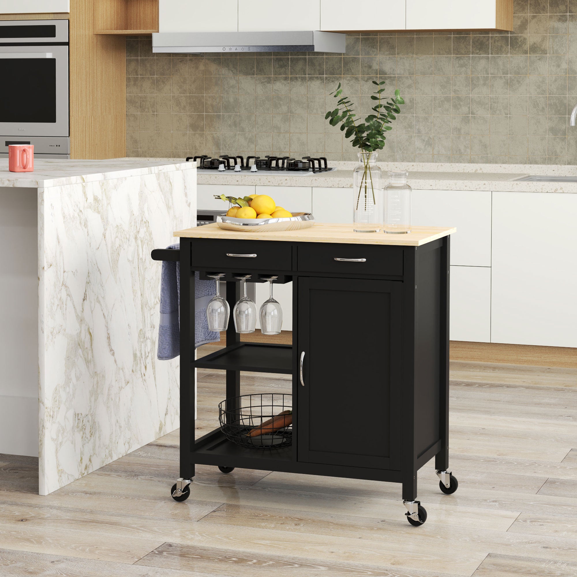 Kitchen Storage Trolley Cart Serving Cart 2 Drawers Wine Glass Rack Towel Rail Kitchen Islands & Kitchen Carts at Gallery Canada