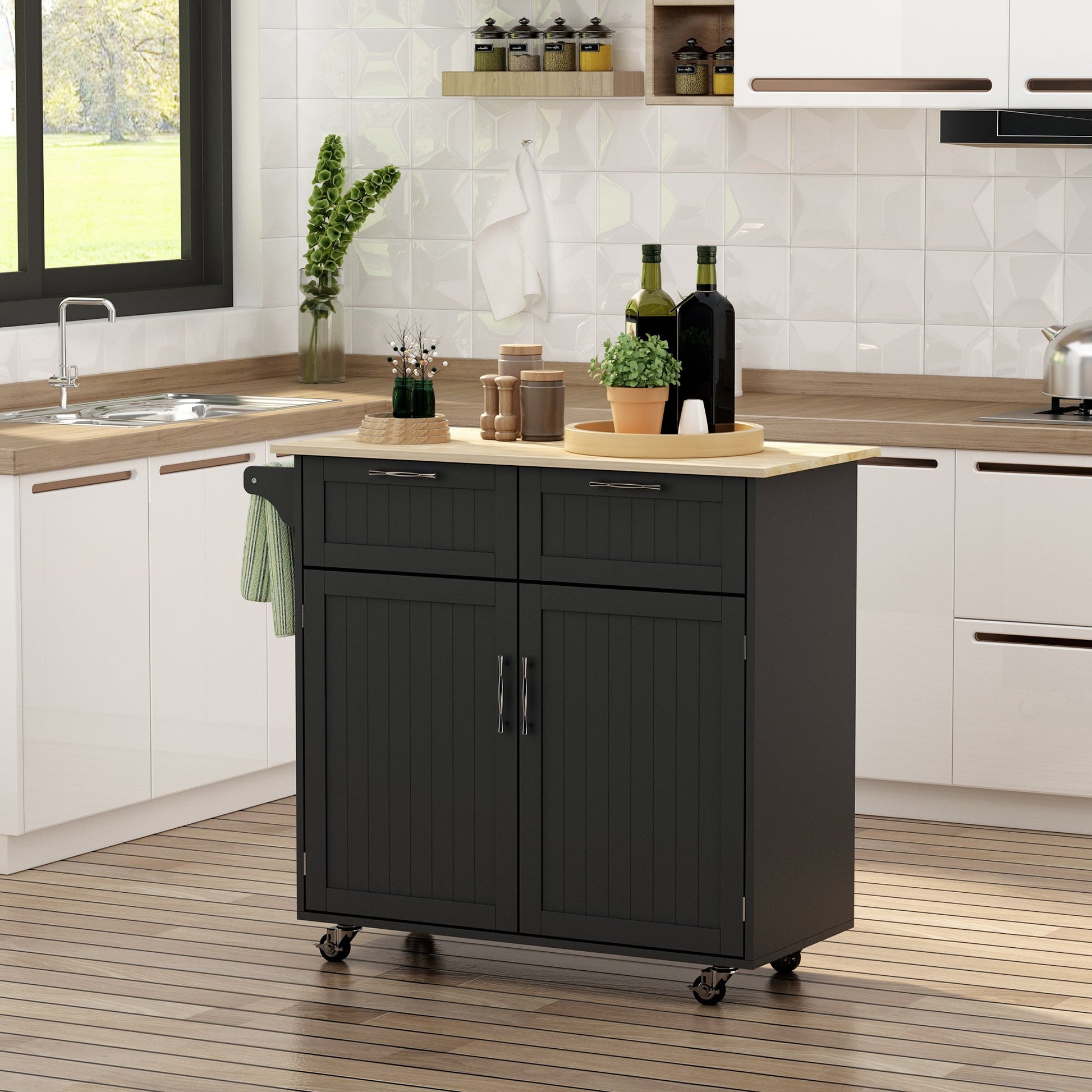 Rolling Kitchen Island with Storage Drawers, Modern Kitchen Cart with Rubber Wood Top, Cabinet &; Towel Rack, Black Kitchen Islands & Kitchen Carts   at Gallery Canada