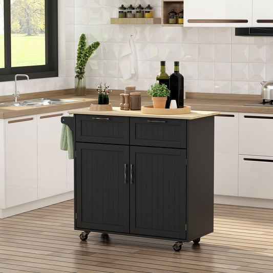 Rolling Kitchen Island with Storage Drawers, Modern Kitchen Cart with Rubber Wood Top, Cabinet &; Towel Rack, Black Kitchen Islands & Kitchen Carts Black  at Gallery Canada