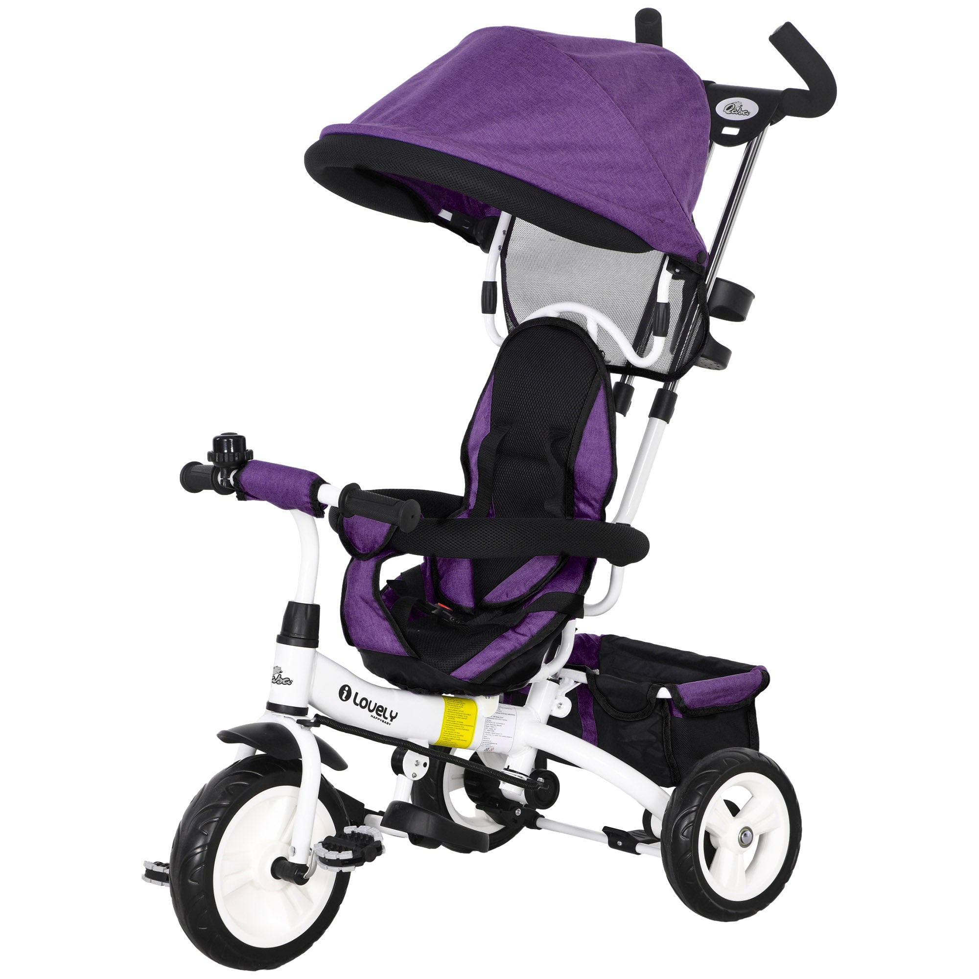 6 in 1 Toddler Tricycle Stroller with Basket, Canopy, 5-point Safety Harness, for 12-60 Months, Purple Tricycles for Kids Purple, White at Gallery Canada