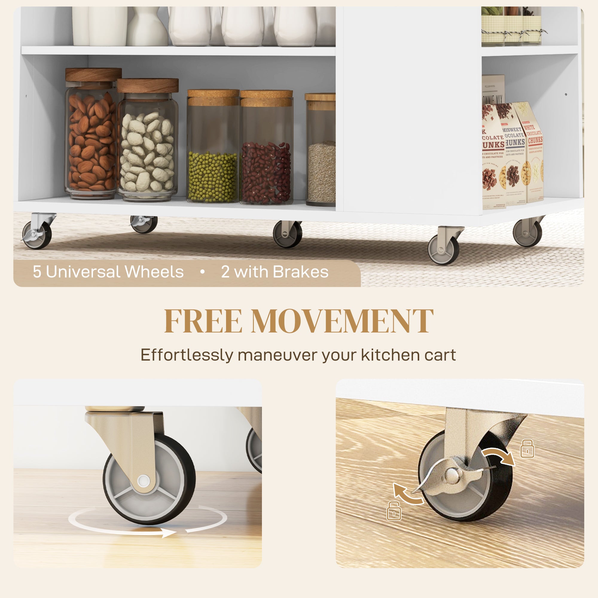 Kitchen Island Table Kitchen Cart with Rubberwood Top, Adjustable Shelves, Knife Rack, Towel Rack, Cabinet, White Kitchen Islands & Kitchen Carts at Gallery Canada