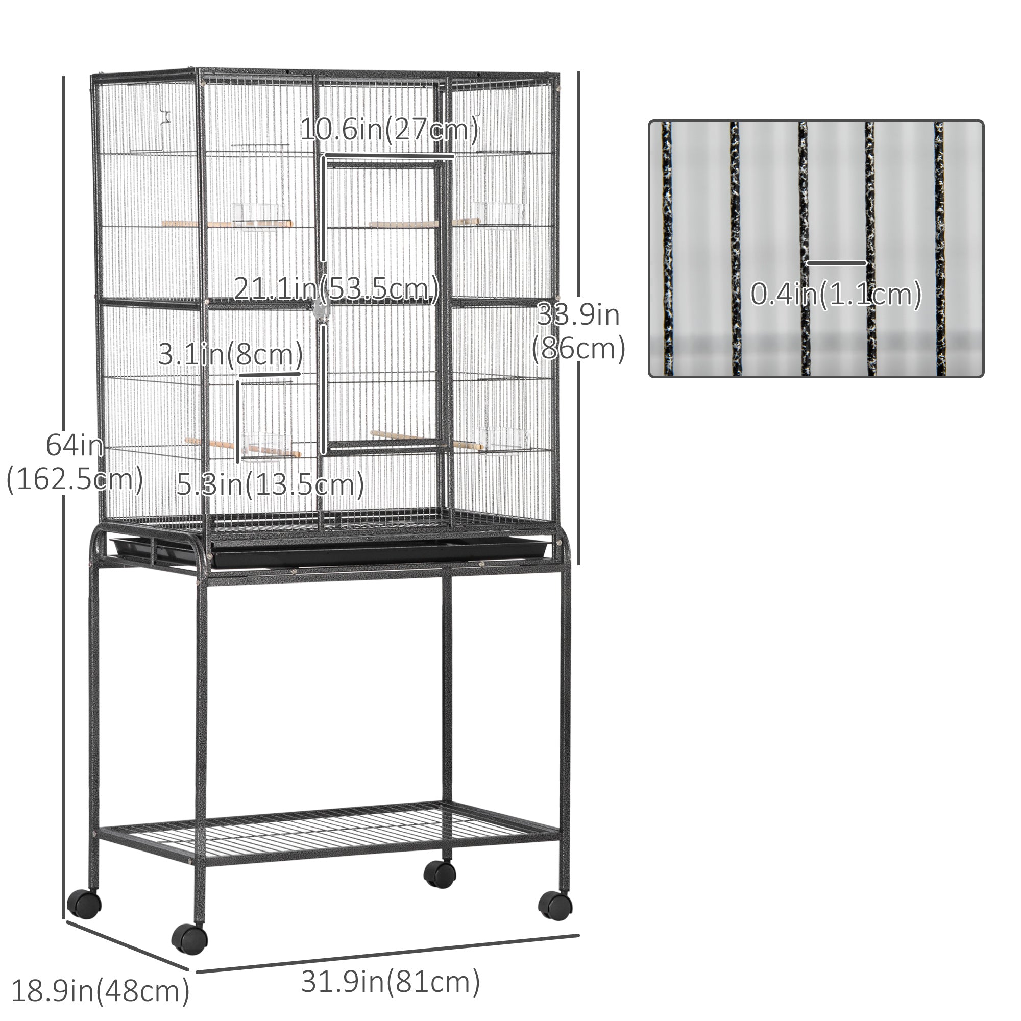 30'' Large Rolling Metal Bird Cage Bird House with Detachable Rolling Stand, Storage Shelf, Wood Perch Food Container - Black Bird Cages at Gallery Canada
