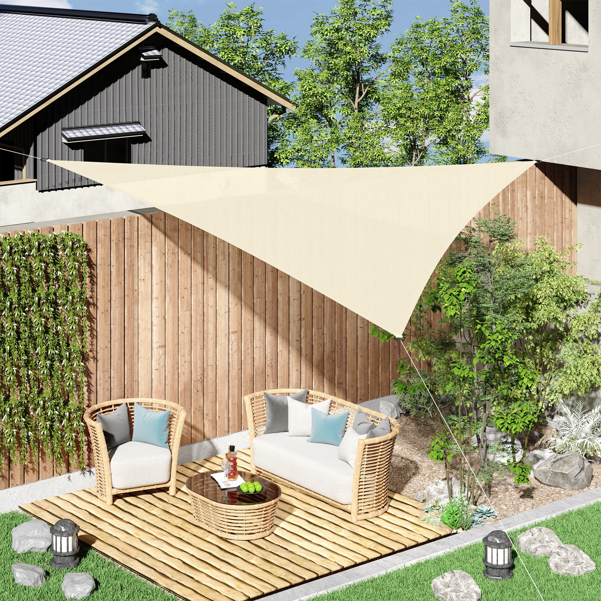 Triangle 10' x 10' x 10' Outdoor Sun Shade Sail, Garden Cover UV Block Fabric Canopy for Patio, Deck, Cream Shade Sails at Gallery Canada