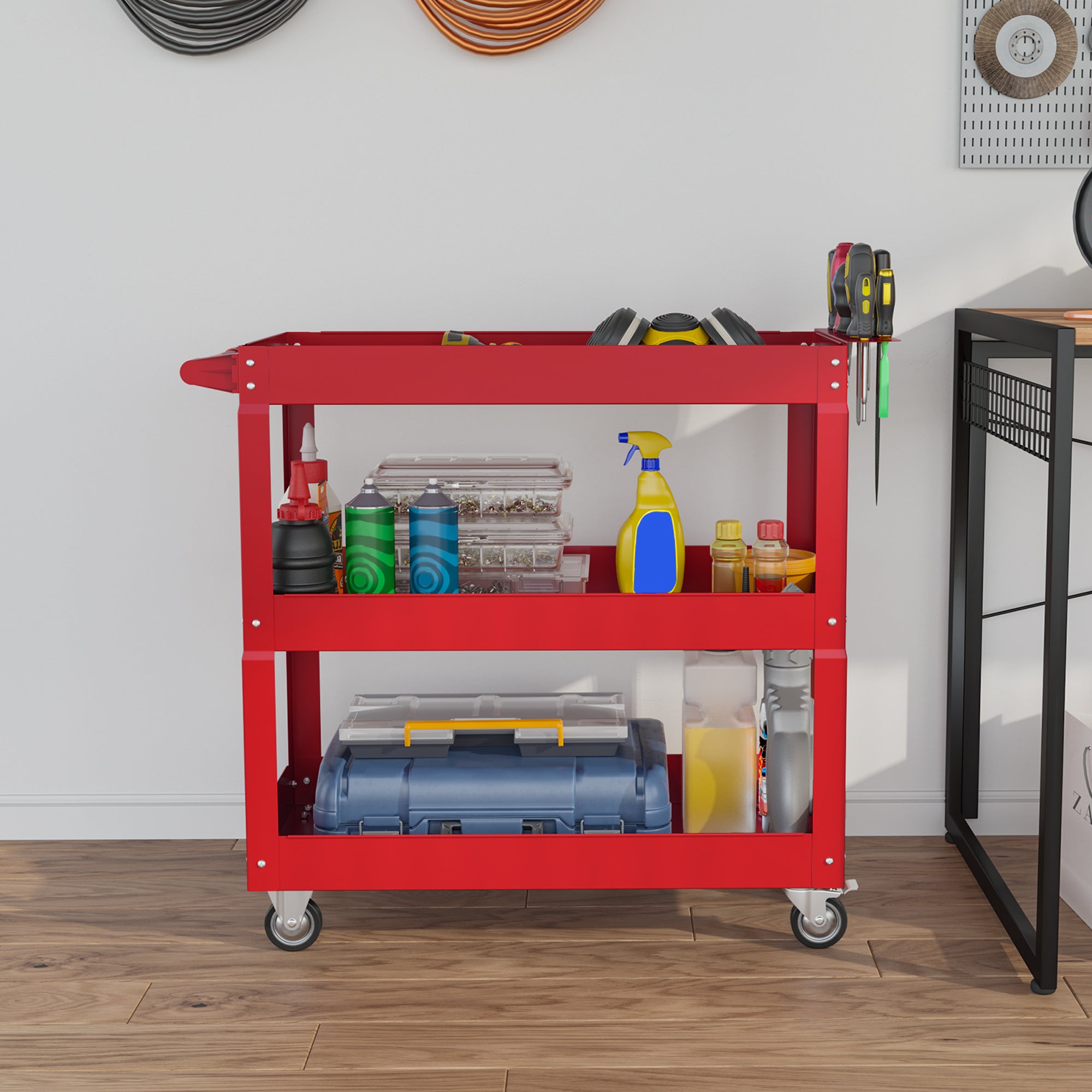 3 Tier Rolling Tool Cart with Wheels, 330 LBS Capacity Heavy Duty Utility Cart, Mobile Service Cart for Garage, Red Tool Organizers at Gallery Canada