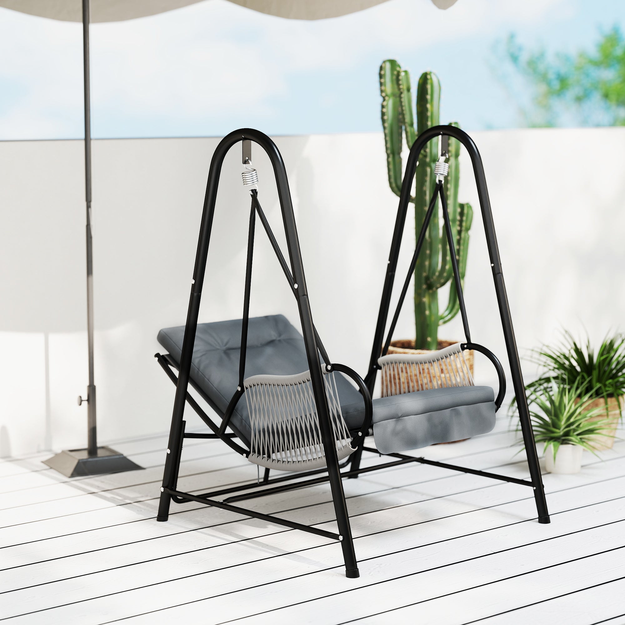 Rattan Hammock Chair with Stand Included, Hanging Swing Chair with Stand and Seat Cushion, Light Grey Patio Swings with Stand at Gallery Canada