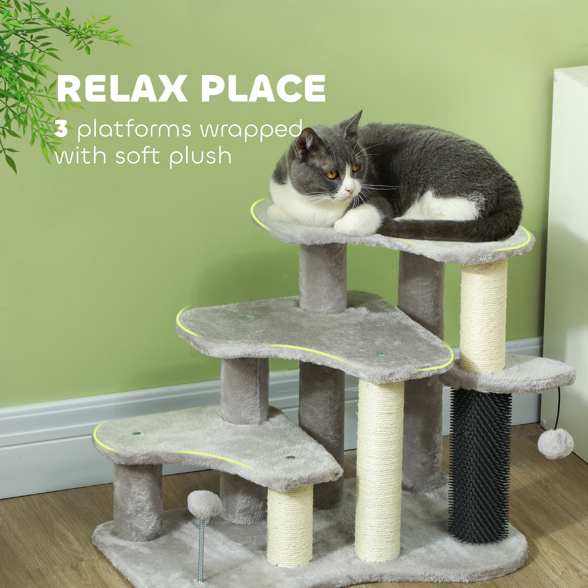 2 in 1 Cat Tree 3 Steps Pet Stairs with Scratching Posts, Tickling Post, Toy Balls, for Bed, Couch, Sofa, Light Grey Cat Stairs   at Gallery Canada