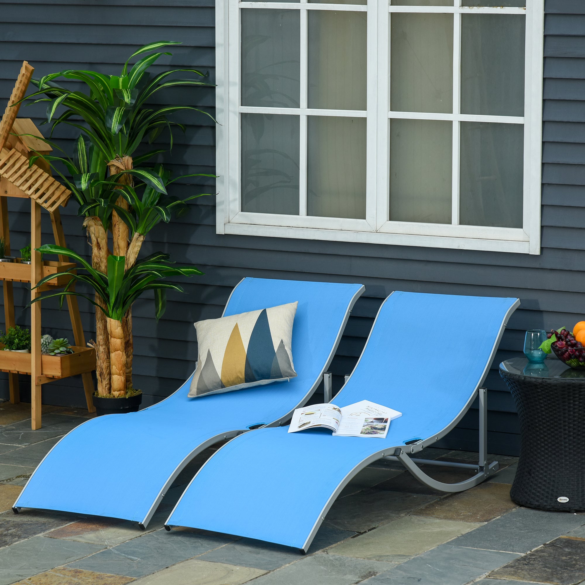 Pool Chaise Lounge Chairs Set of 2, S-shaped Foldable Outdoor Chaise Lounge Chair Reclining for Patio Beach Garden With 264lbs Weight Capacity, Blue Lounger Chairs   at Gallery Canada