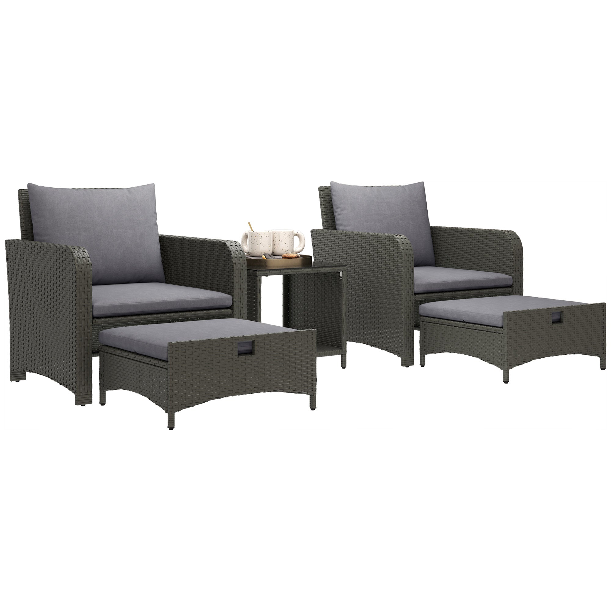 5 Piece Rattan Balcony Furniture Set, Wicker Outdoor Furniture Set with 2-Tier Coffee Table, Ottomans, Grey Patio Furniture Sets at Gallery Canada