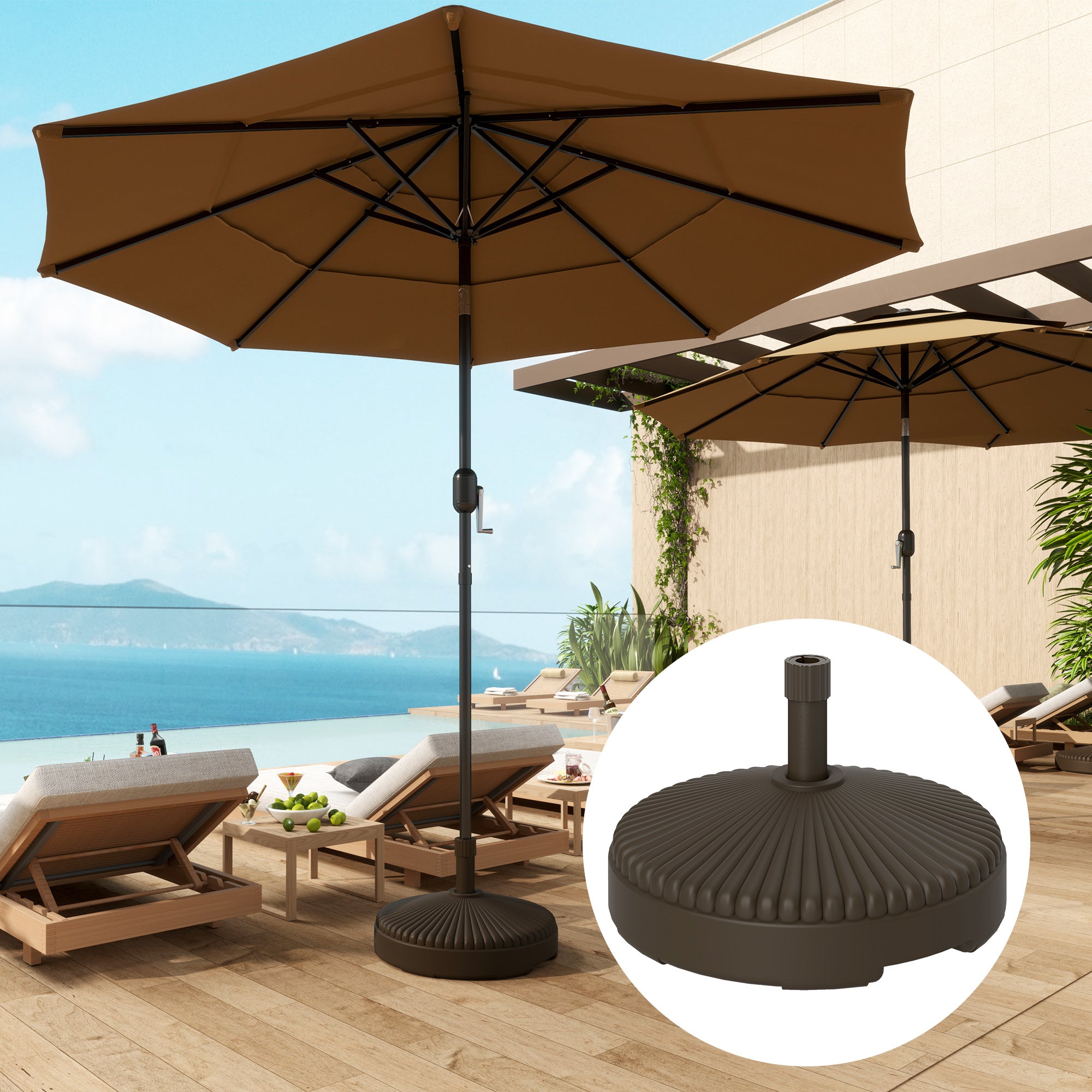Round Patio Umbrella Base Parasol Holder Outdoor Umbrella Stand, Filled Up to 62lbs with Stand or 51lbs with Water for Garden, Poolside, Brown Umbrella Bases at Gallery Canada