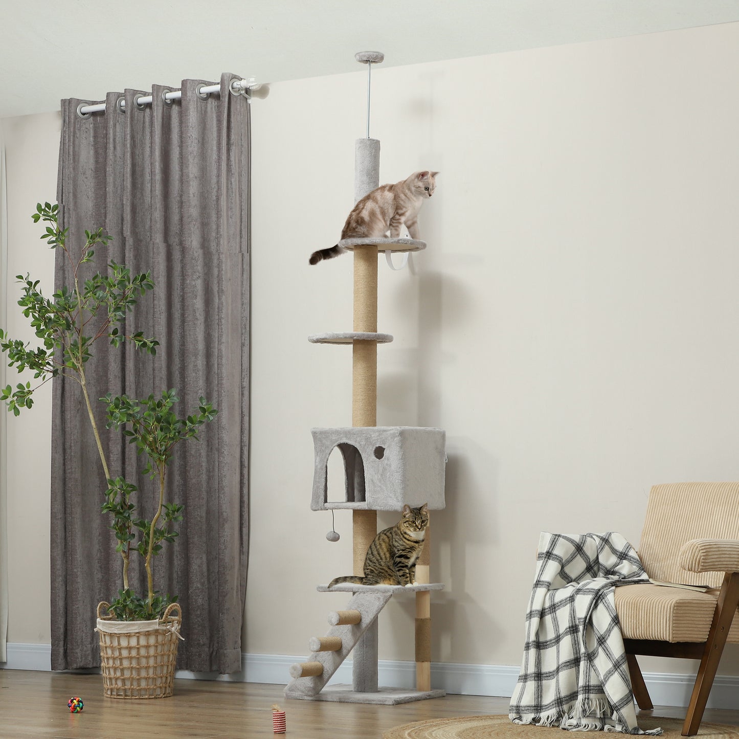 89"-104" Floor to Ceiling Cat Tree w/ Scratching Post, Cat House, 3-Steps, Hanging Ball, Perches, Light Grey Floor to Ceiling Cat Trees   at Gallery Canada