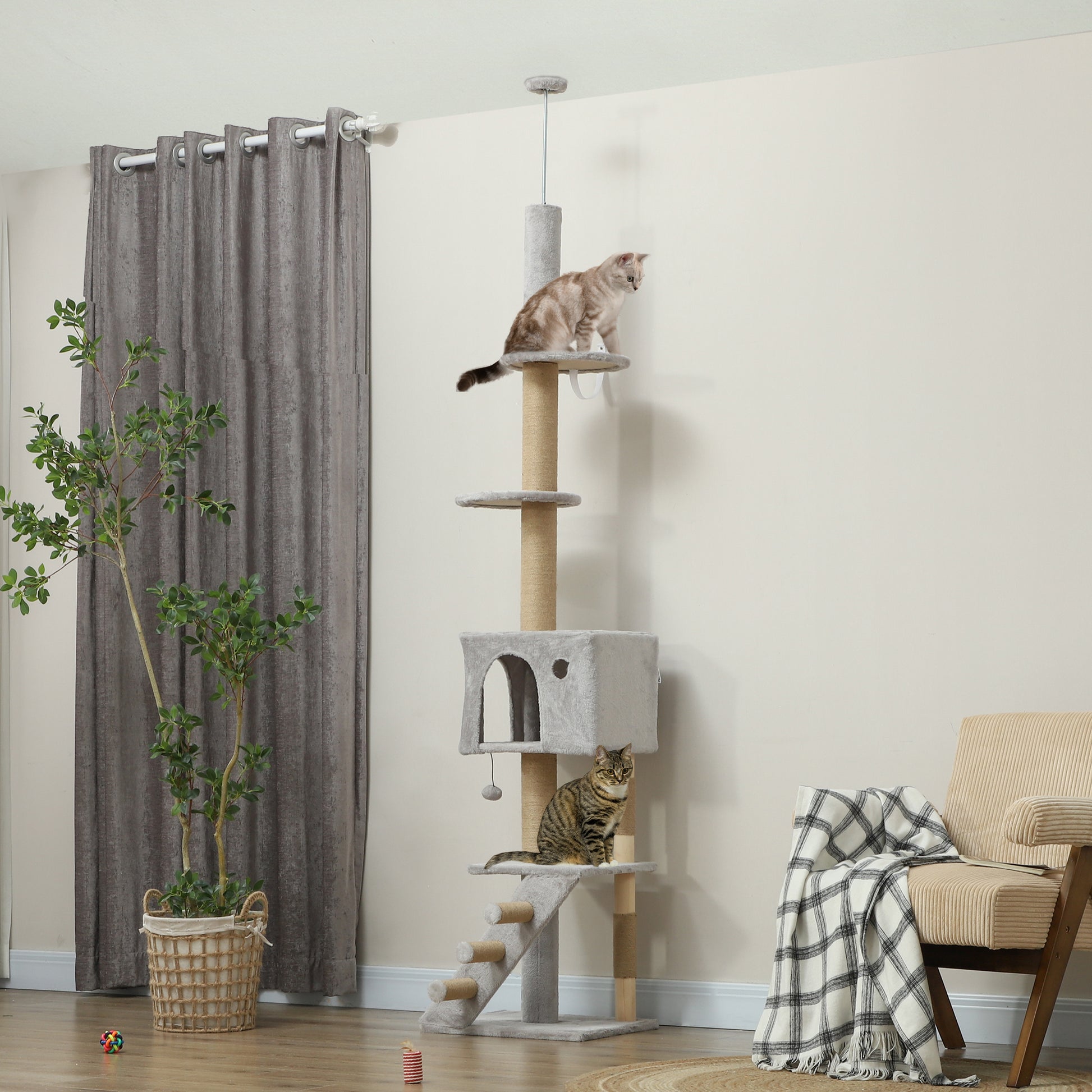 89"-104" Floor to Ceiling Cat Tree w/ Scratching Post, Cat House, 3-Steps, Hanging Ball, Perches, Light Grey Floor to Ceiling Cat Trees   at Gallery Canada