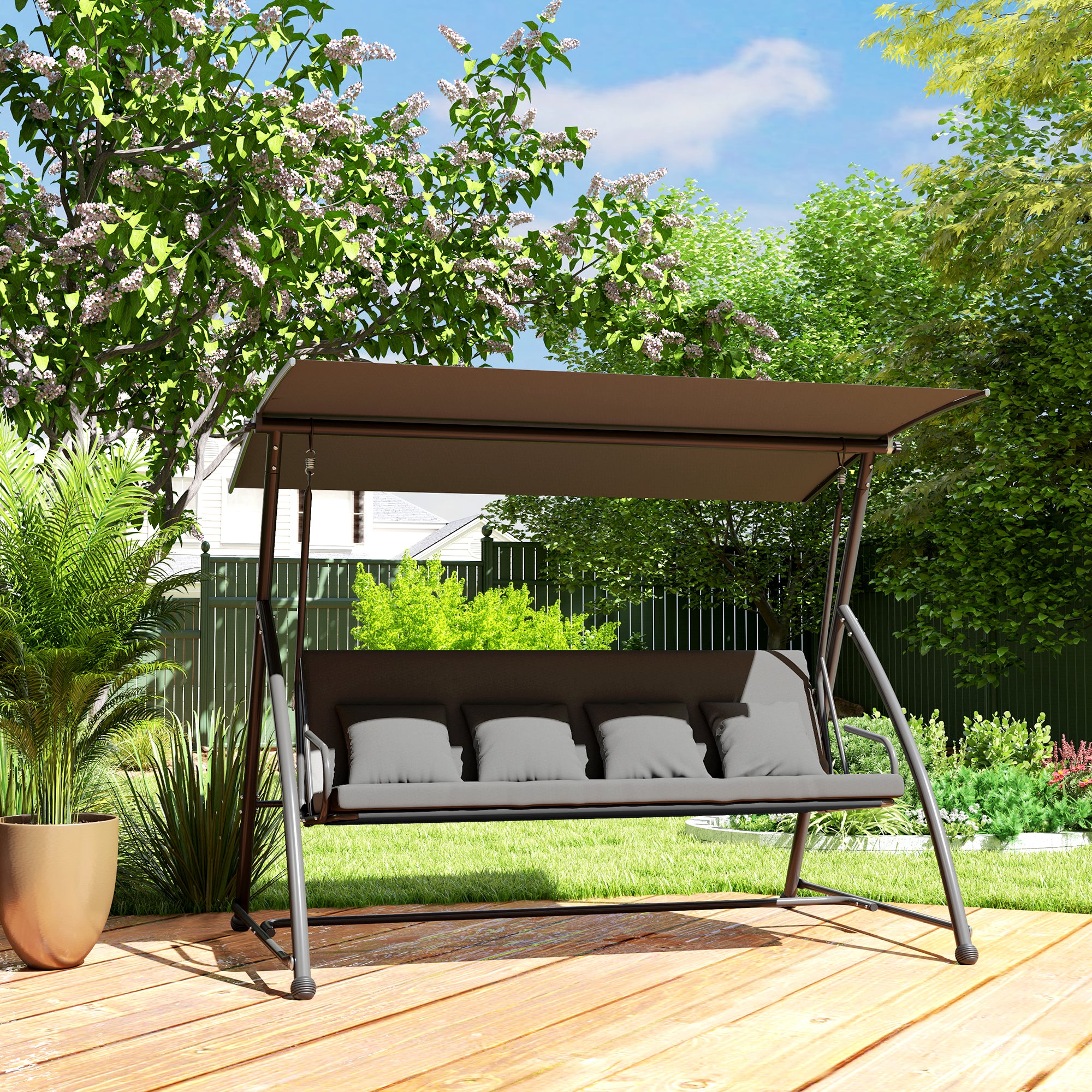 Patio Swing Chair, 3 Person Convertible Hammock, Outdoor Swing Lounge Bed, Cushioned with Tilt Canopy, Dark Grey Porch Swings with Canopy at Gallery Canada
