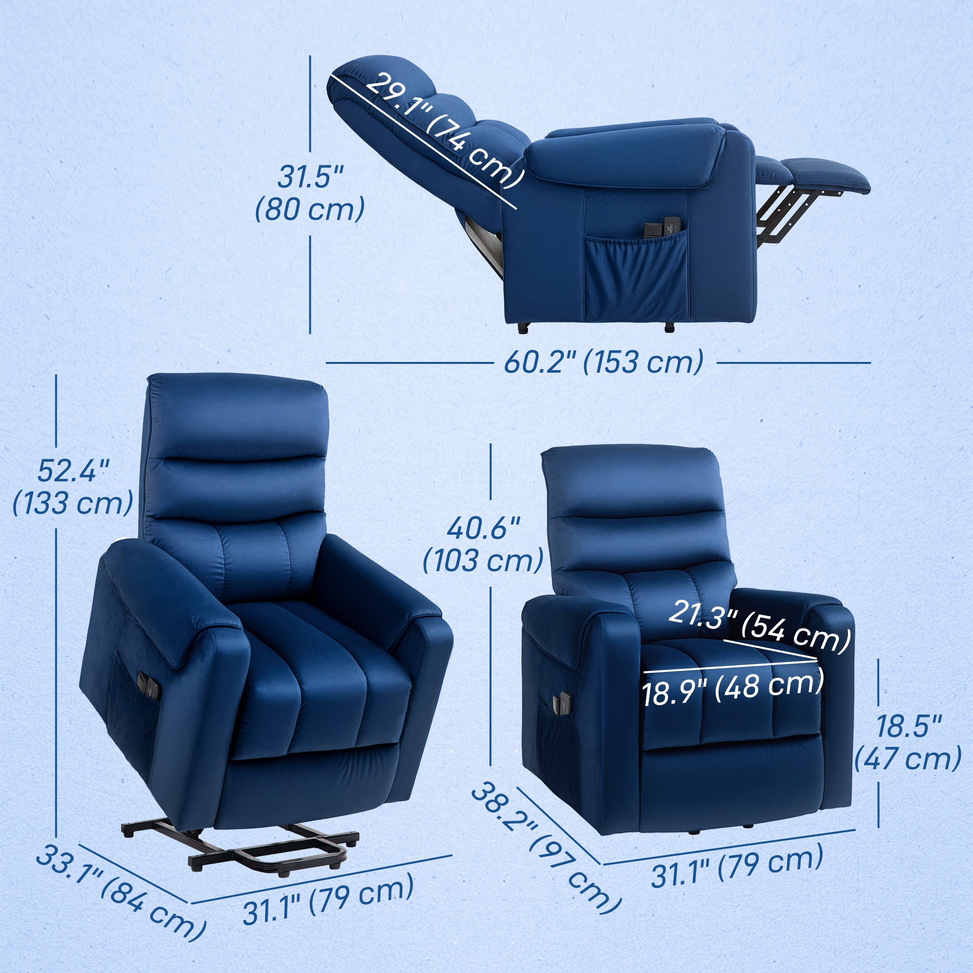 Lift Chair for Elderly, Massage Recliner Chair with 8 Vibration Points, Footrest, Remote Control, Side Pockets Dark Blue Sofas & Reclining Chairs at Gallery Canada