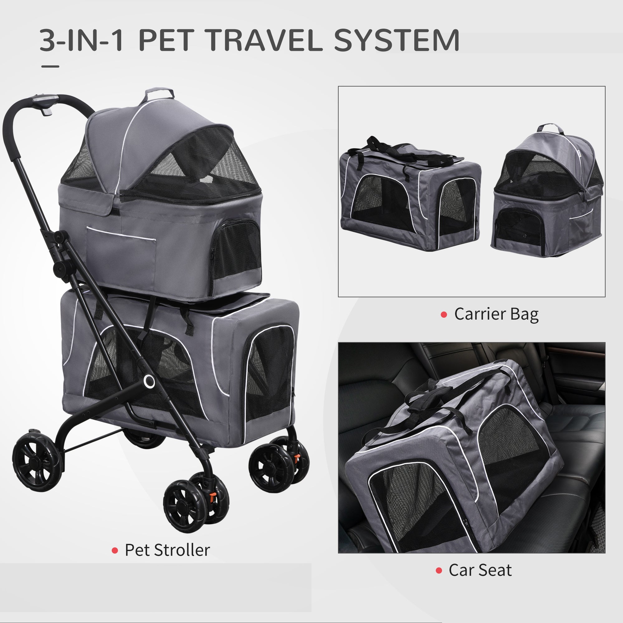 3-in-1 Double Pet Stroller for Small Miniature Dogs Cats with Removable Carrier, Foldable Travel Carrier Bag, Car Seat, Grey Dog Bike Trailers & Strollers   at Gallery Canada