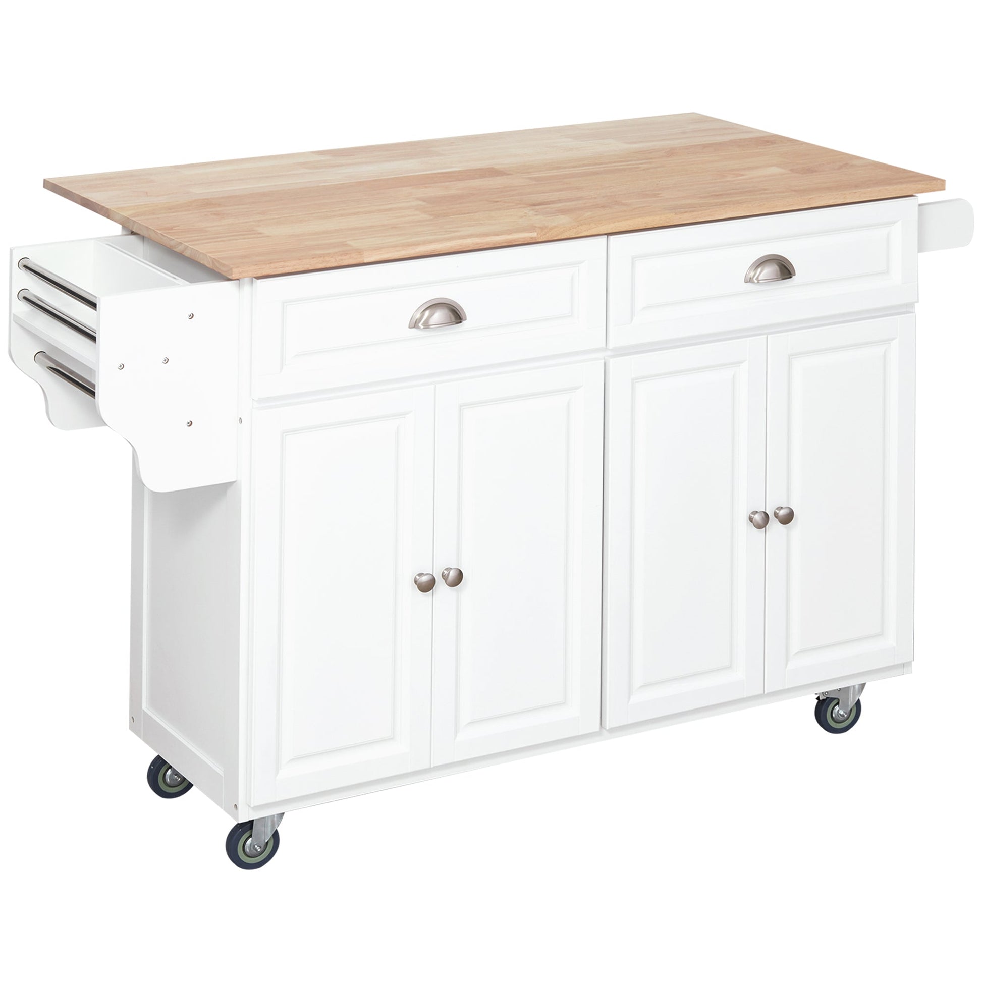 Rolling Kitchen Island on Wheels Utility Cart with Drop-Leaf, Rubber Wood Countertop, Storage Drawers, Door Cabinets and Adjustable Shelves, White Kitchen Islands & Kitchen Carts White  at Gallery Canada