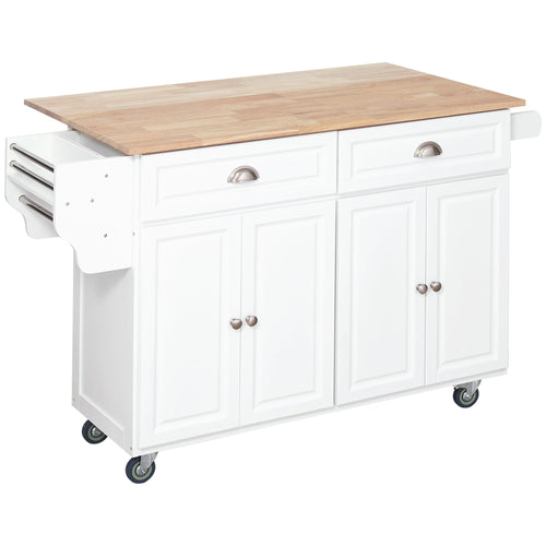 Rolling Kitchen Island on Wheels Utility Cart with Drop-Leaf, Rubber Wood Countertop, Storage Drawers, Door Cabinets and Adjustable Shelves, White