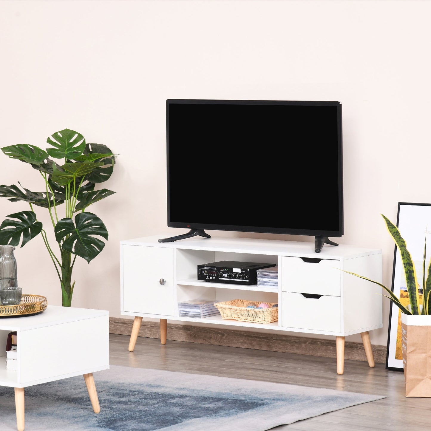 TV Stand for TVs up to 50", TV Cabinet with Shelves, Drawers and Cable Hole, Entertainment Unit for Living Room, White TV Stands   at Gallery Canada