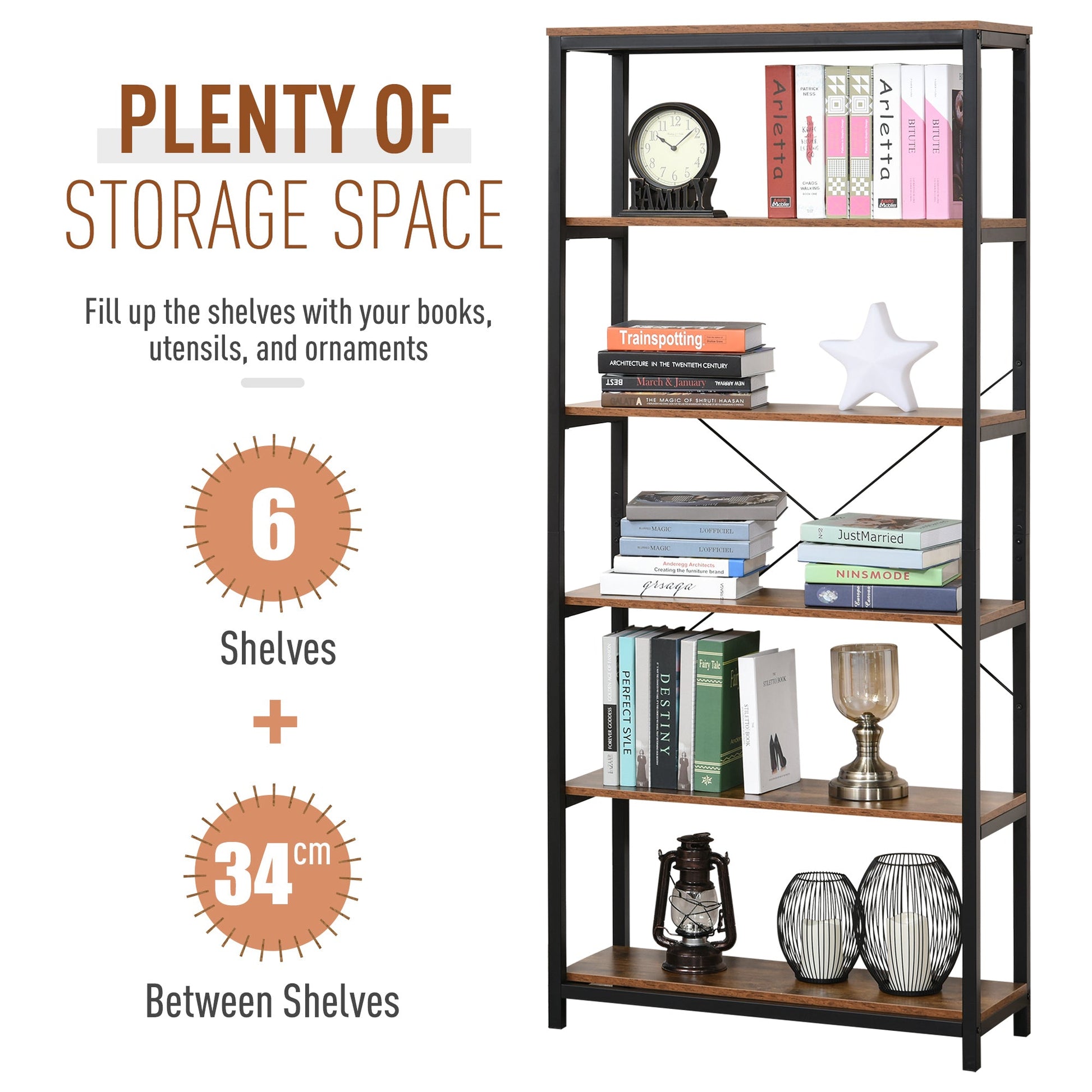 Retro Industrial Bookcase Storage Shelf Closet Floor Standing Display Rack with 6 Tiers, Metal Frame for Living Room &; Study Display Bookshelves   at Gallery Canada