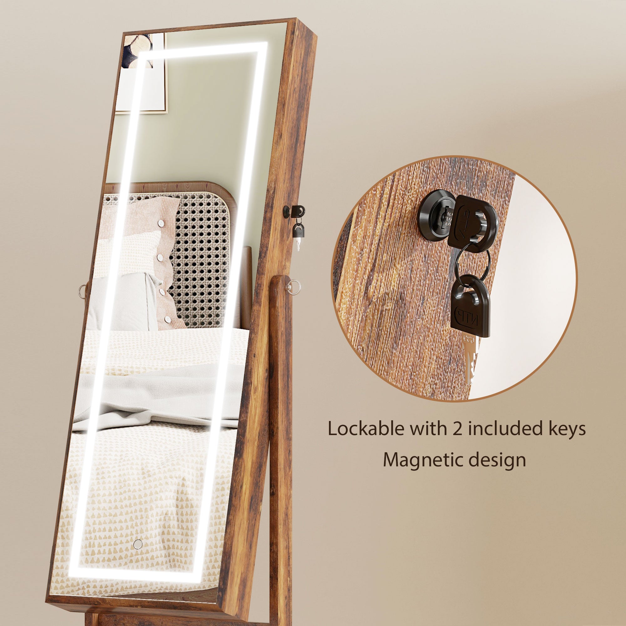 Lockable Jewelry Armoire with LED Light, Standing Mirror with Storage for Bedroom Dressing Room, Rustic Brown Jewelry Armoire & Jewellery Mirror Cabinets at Gallery Canada