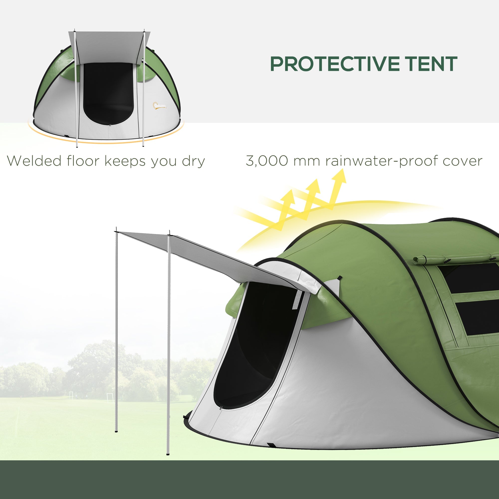 Pop Up Tent with Porch and Carry Bag, 3000mm Waterproof, for 2-3 People Camping Hiking, Green Camping Tents   at Gallery Canada