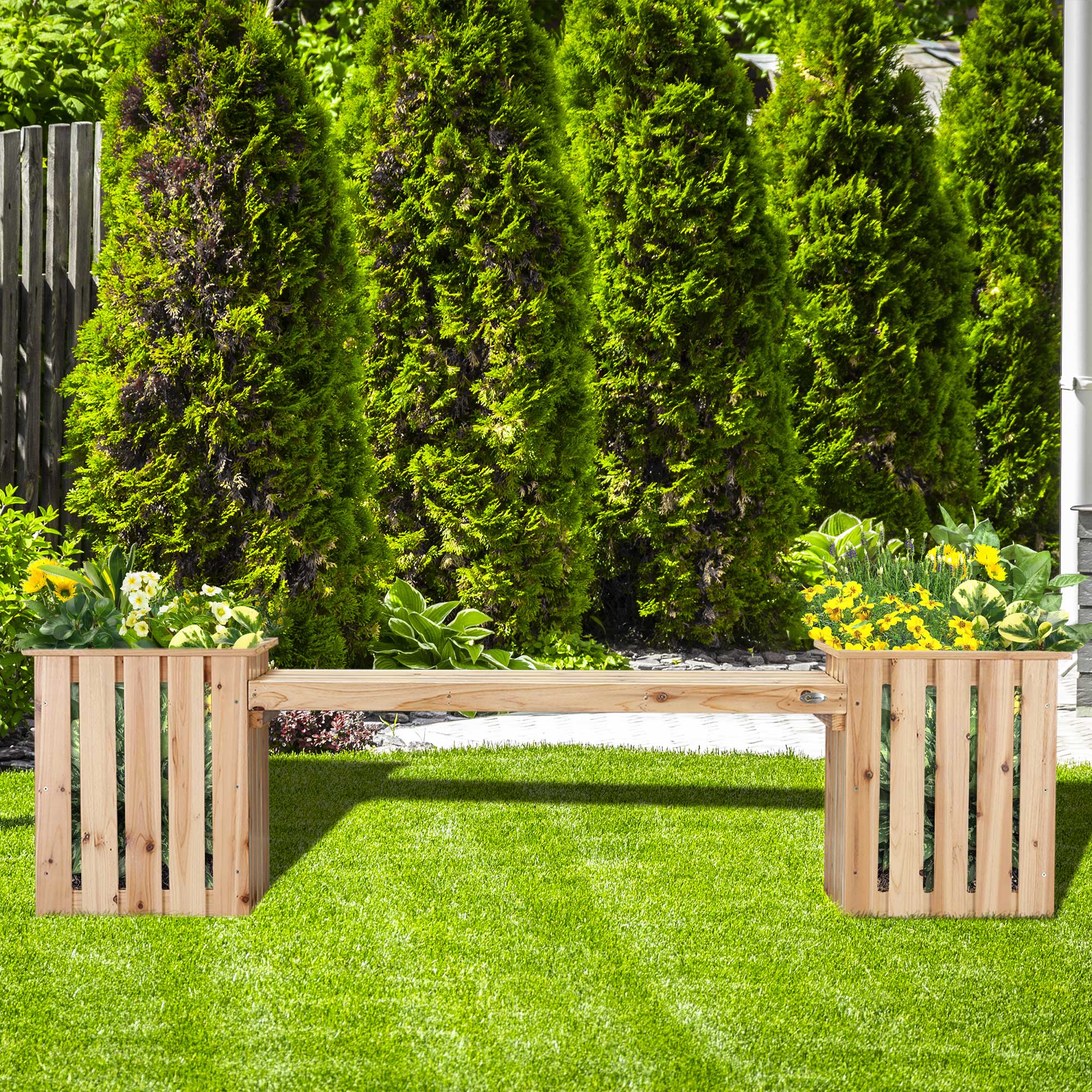 Outdoor Wooden Garden Stool Bench with 2 Planters, Natural Wood Outdoor Benches Natural  at Gallery Canada