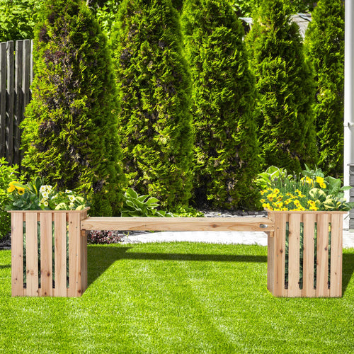 Outdoor Wooden Garden Stool Bench with 2 Planters, Natural Wood