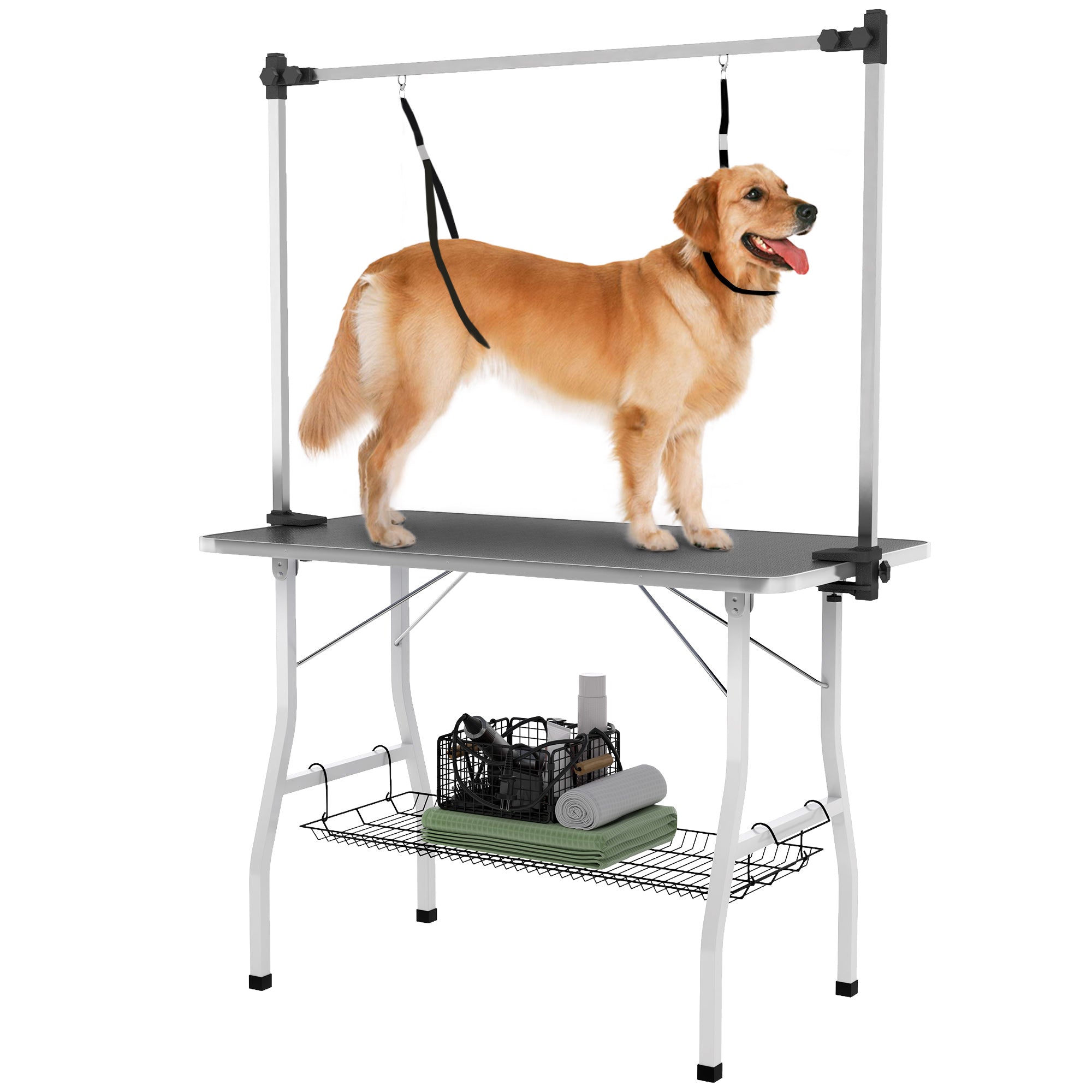 Foldable Dog Grooming Table with Adjustable Grooming Arms, Storage Shelf, Two Nooses, 42