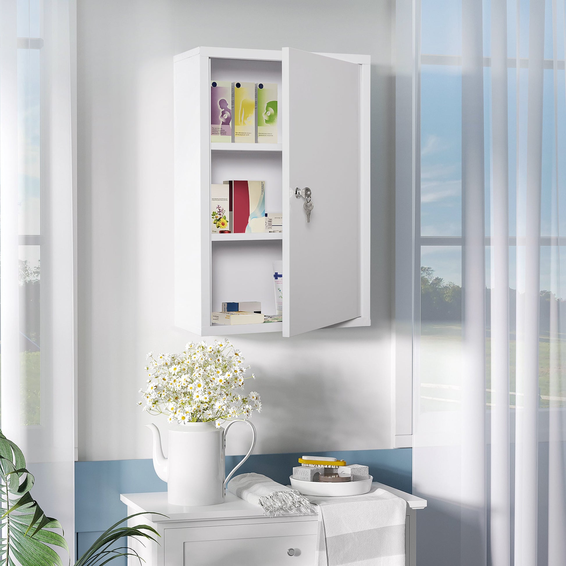 Wall Mount Medicine Cabinet 3 Tier Steel Emergency Box for Bathroom, Lockable with 2 Keys, White Wall Mounted Cabinets   at Gallery Canada