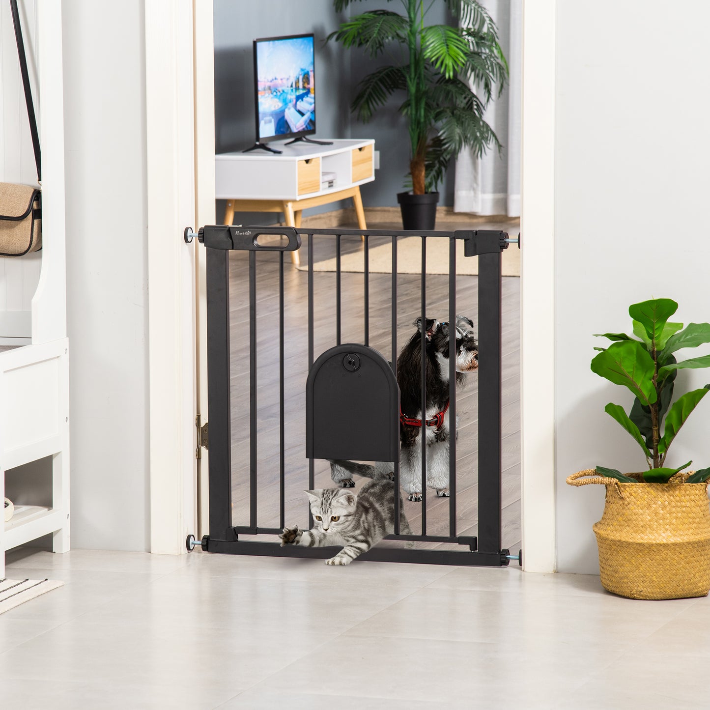 30"-32" Extra Wide Pet Gate Barrier with Small Door, Black Houses, Kennels & Pens Black  at Gallery Canada