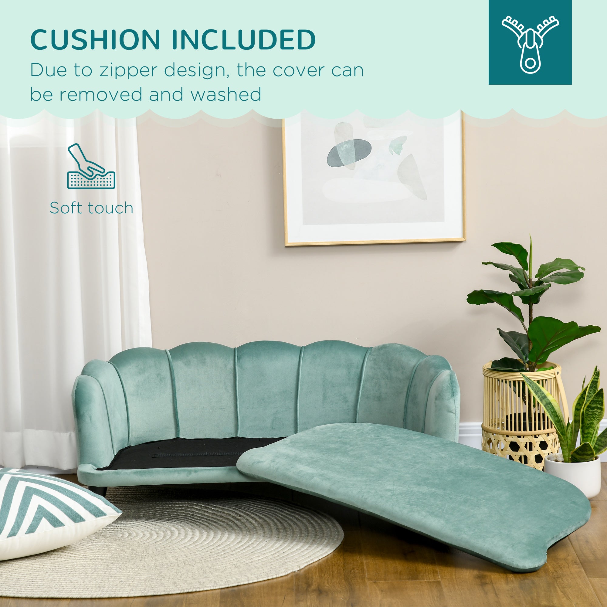 Dog Sofa with Removable Cushion Wood Legs for Medium and Large Dogs, Green Dog Sofas at Gallery Canada