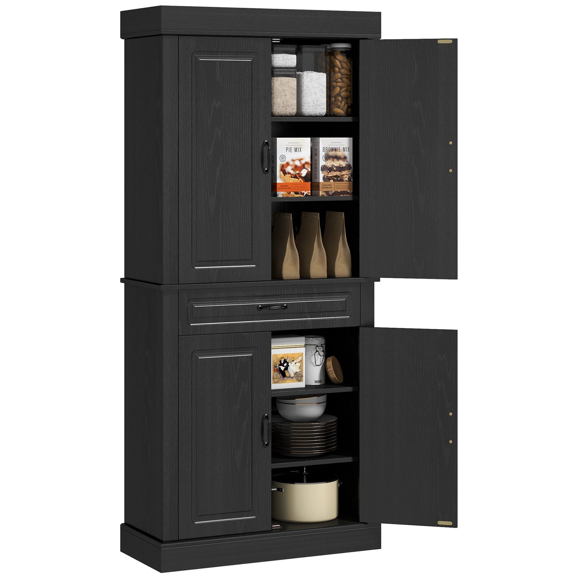 71" Freestanding Kitchen Pantry with 4 Doors and 2 Cabinets, Tall Storage Cabinet for Kitchen, Distressed Black Kitchen Pantry Cabinets   at Gallery Canada