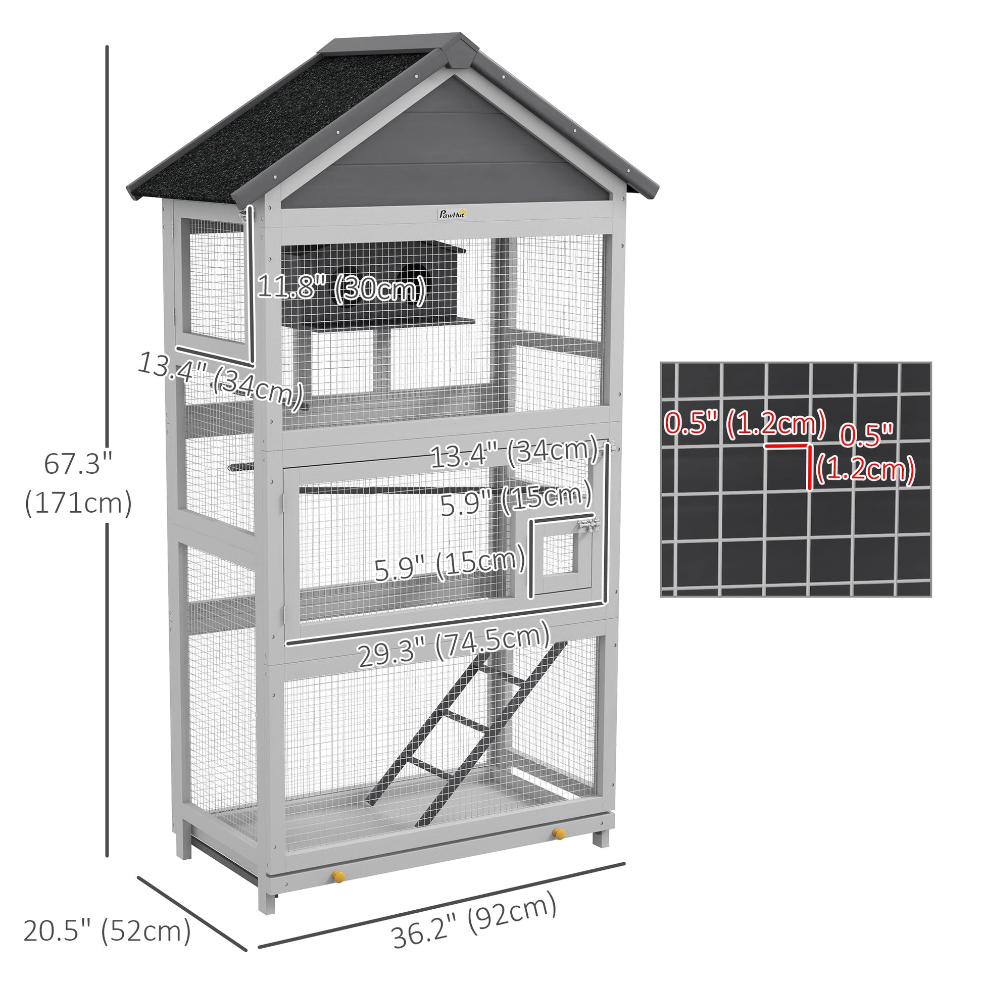 Wooden Bird Cage with Perches, Bird House, Ladder, Slide-Out Tray for Finches, Parakeets, Small Birds, Grey - Gallery Canada