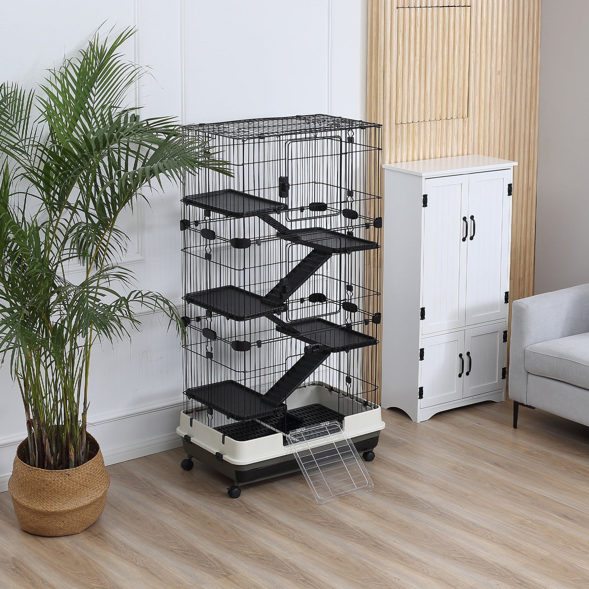 32"L 6-Level Small Animal Cage Rabbit Hutch with Universal Lockable Wheels, Slide-Out Tray for Bunny, Chinchillas, Ferret, Black Houses & Habitats   at Gallery Canada