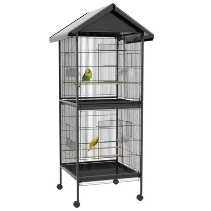 Wrought Metal Bird Cage Feeder with Rolling Stand Perches Food Containers Doors Wheels 67" H, Black Bird Cages Black  at Gallery Canada