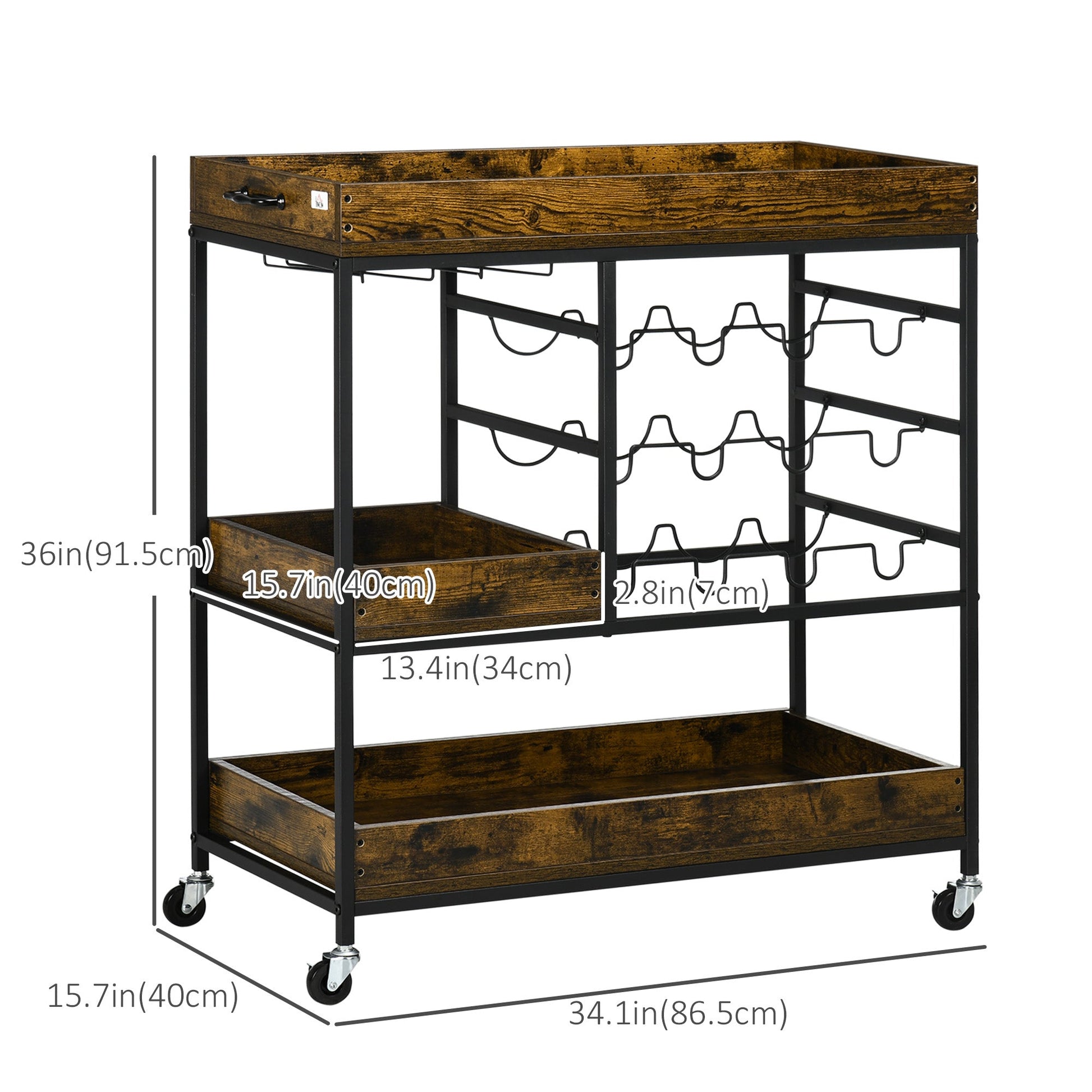 3-Tier Kitchen Cart on Wheels with Handles Wine Racks Glass Holders Rustic Brown Kitchen Islands & Kitchen Carts   at Gallery Canada