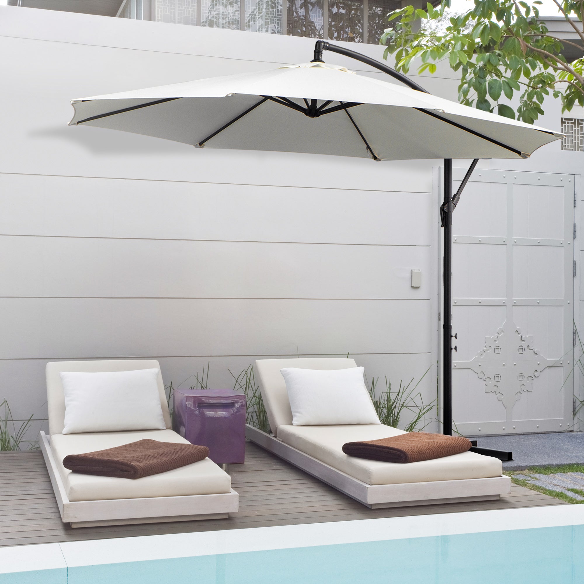 9.7ft Offset Patio UmbrellaCantilever Parasol with Crank Handle, 8 Ribs and Cross Base for Outdoor, Sun Shade, Cream Cantilever Umbrellas   at Gallery Canada