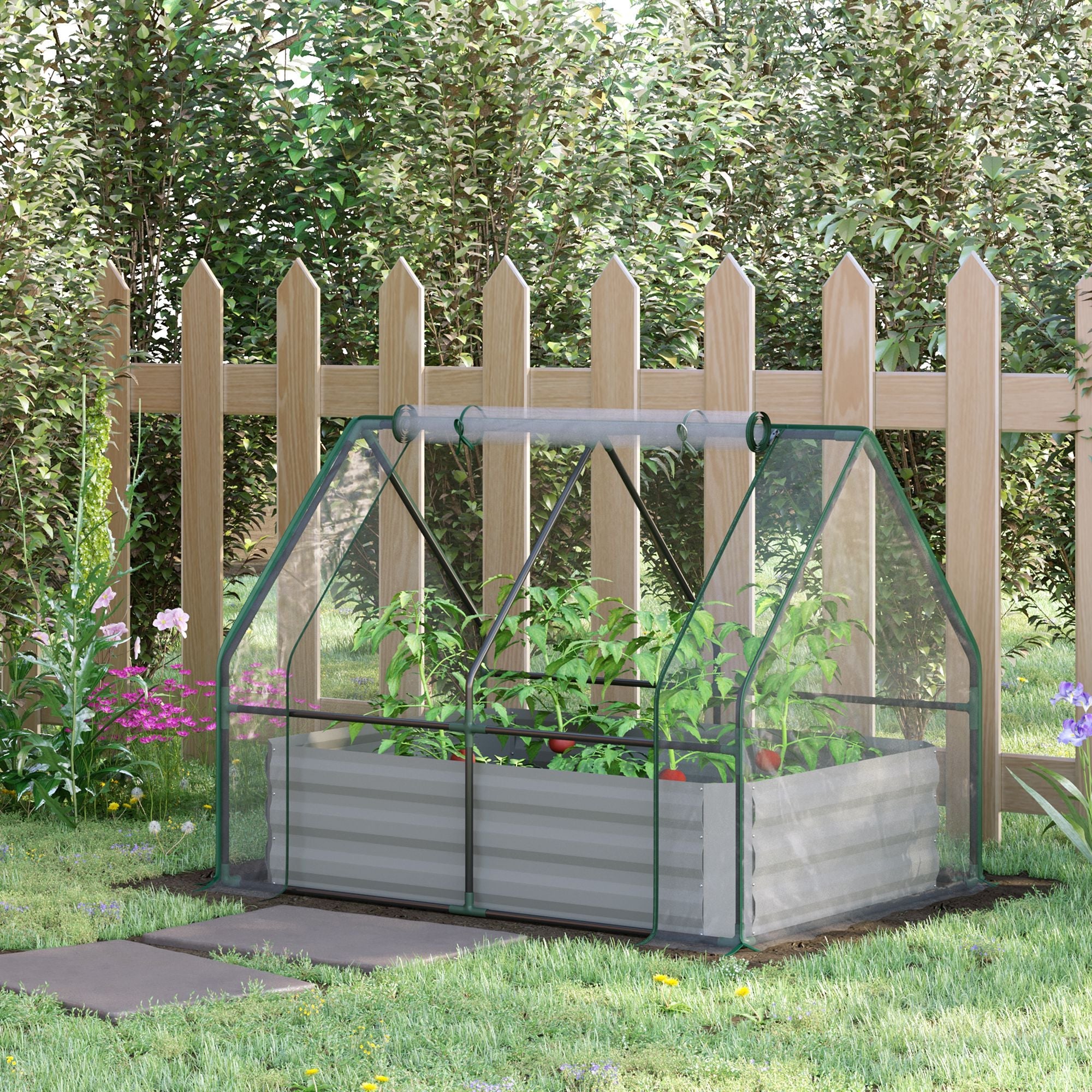 Steel Outdoor Raised Garden Bed with Greenhouse,Cover, Roll Up Door, Dual Use, 50