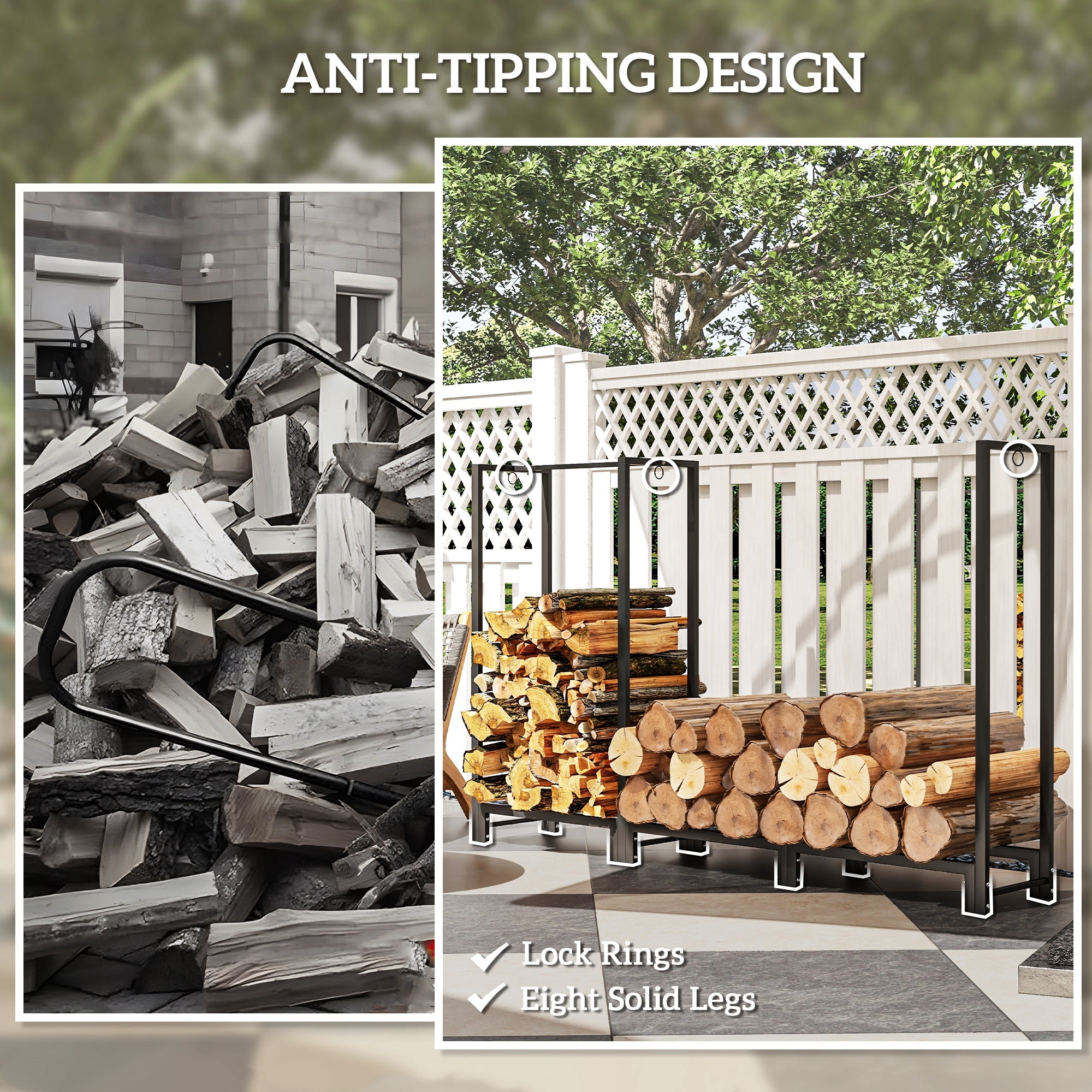 6ft Firewood Rack with Dual Space and Lock Rings, Steel Log Holder for Outdoor Indoor, Black Firewood Racks at Gallery Canada