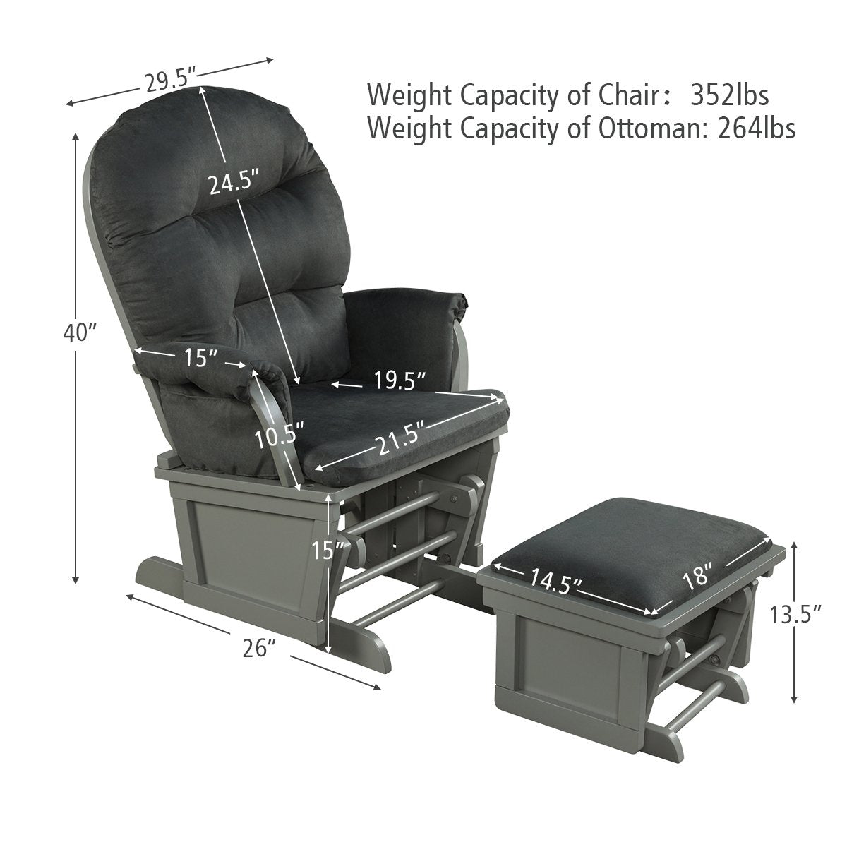 Wood Baby Glider and Ottoman Cushion Set with Padded Armrests for Nursing, Dark Gray Recliners   at Gallery Canada