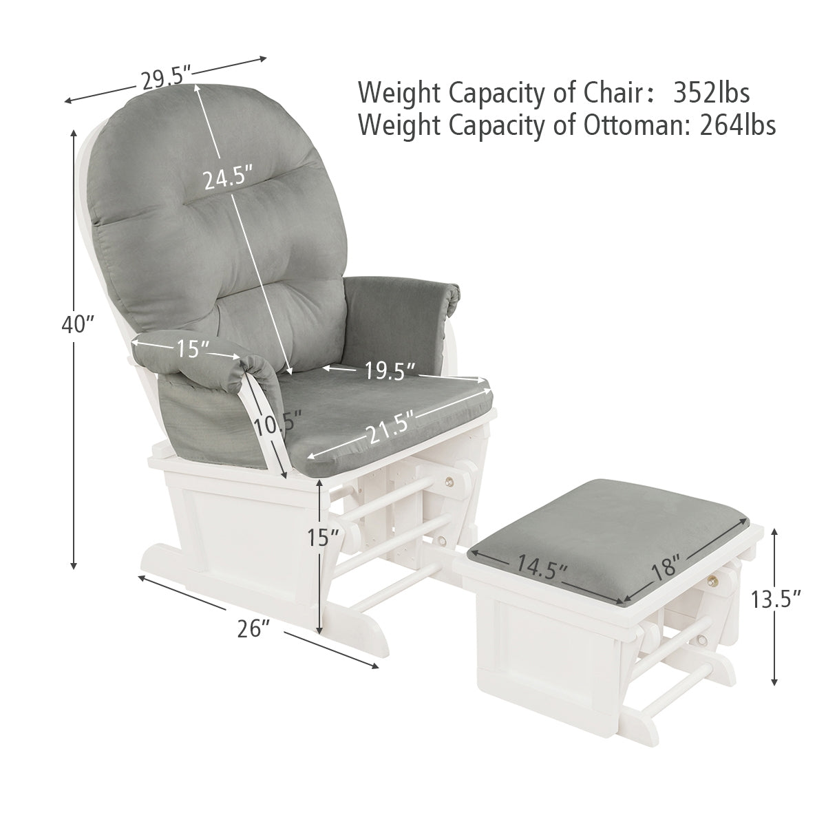 Wood Baby Glider and Ottoman Cushion Set with Padded Armrests, Light Gray Recliners at Gallery Canada