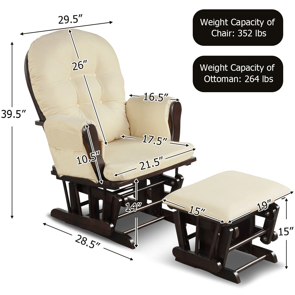 Wood Glider and Ottoman Set with Padded Armrests and Detachable Cushion, Beige Recliners   at Gallery Canada