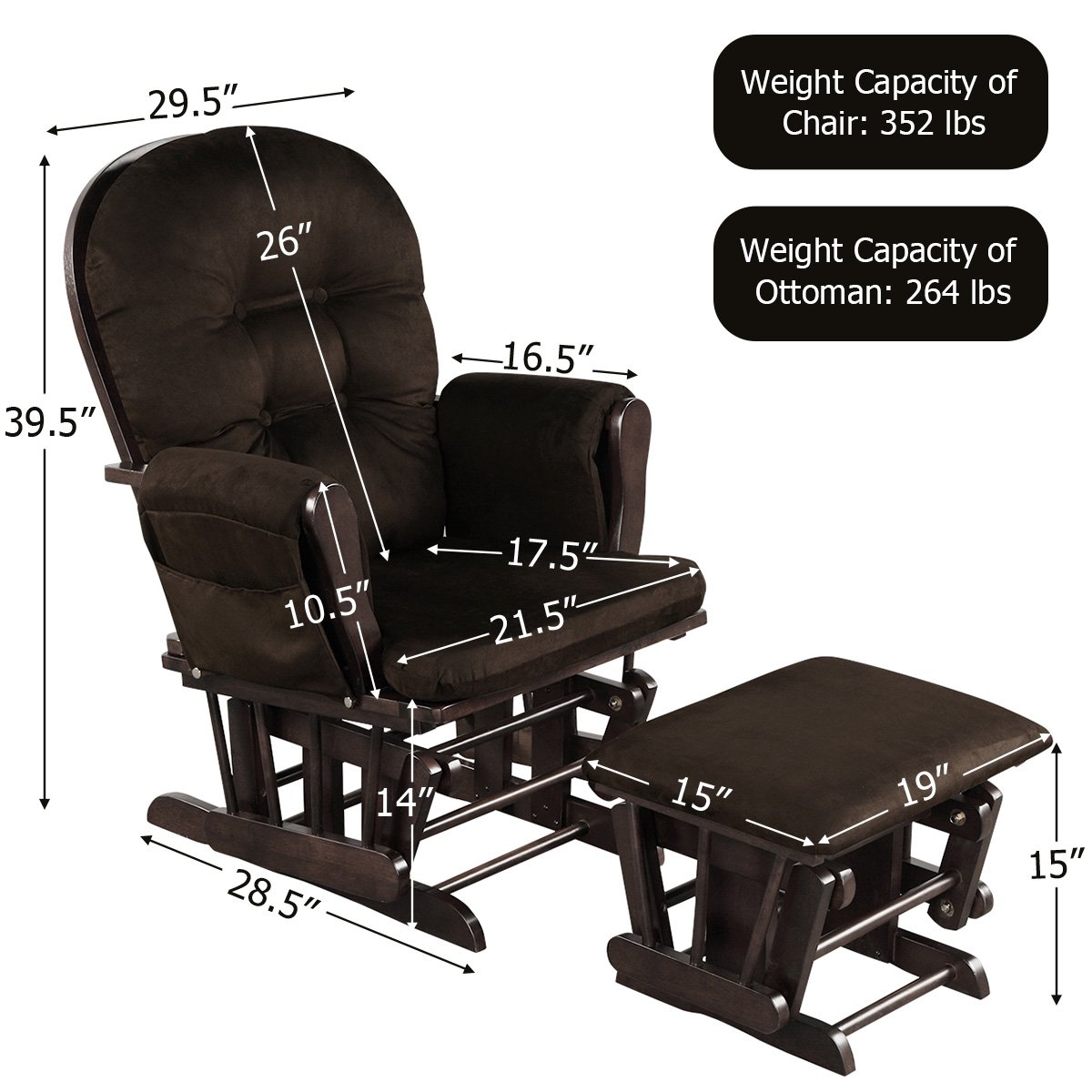 Wood Glider and Ottoman Set with Padded Armrests and Detachable Cushion, Brown Recliners   at Gallery Canada