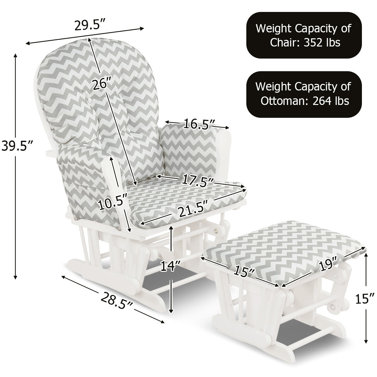 Wood Glider and Ottoman Set with Padded Armrests and Detachable Cushion-Gray and White, White Recliners at Gallery Canada