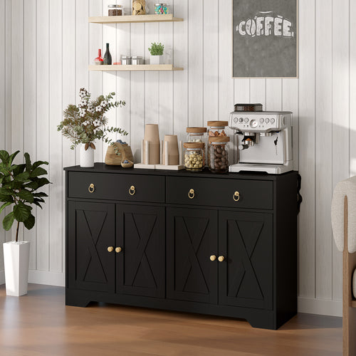 Sideboard Cabinet with 2 Drawers, 4 Barn Doors and 2 Adjustable Shelves, Buffet Table for Living Room, Black