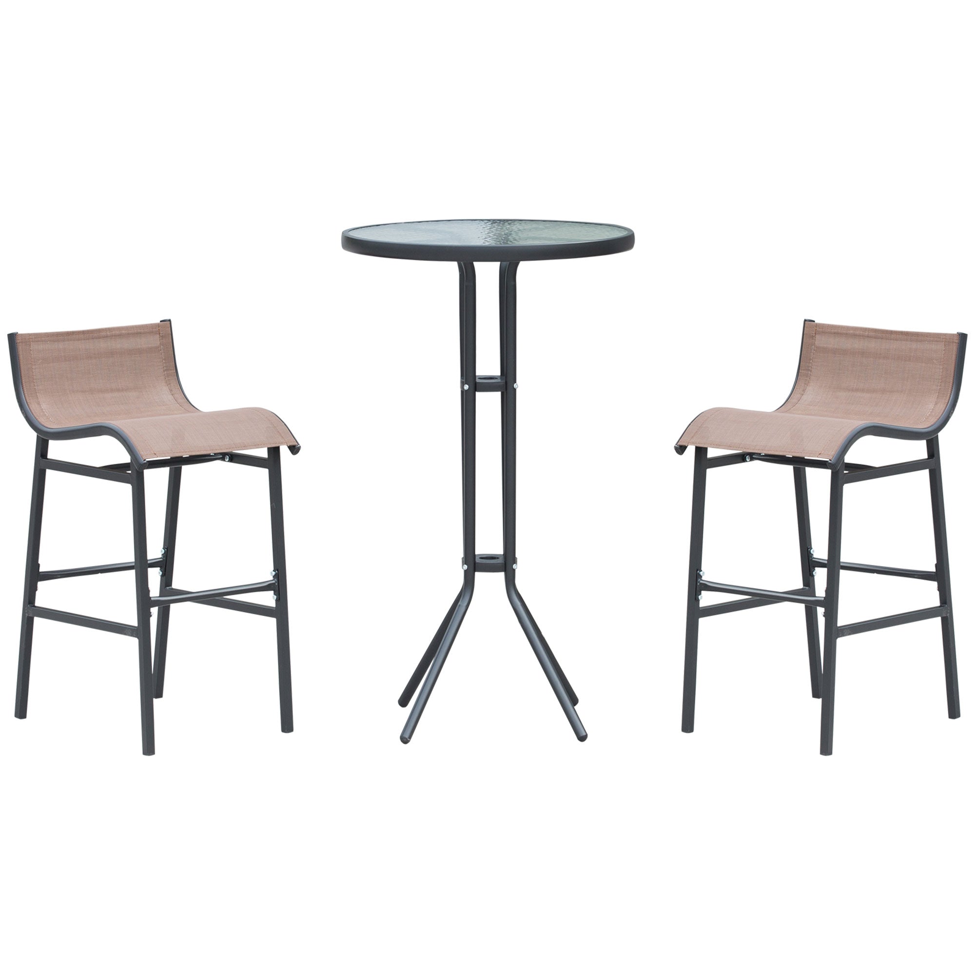 3Pcs Patio Bar Set, Outdoor Bistro Set with 2 Bar Stools and 1 Tempered Glass Bar Table, Dining Chat Set, Brown Bistro Sets Brown, Black at Gallery Canada