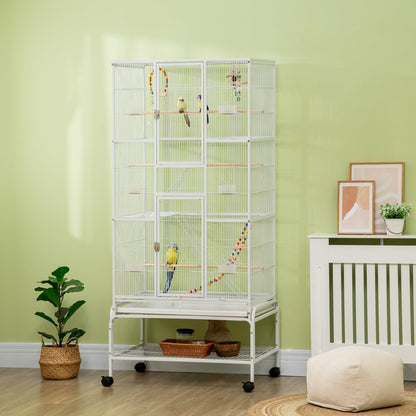 71" Bird Cage with Wheels Perches, Ramp, Storage Shelf, Toys for Canaries, Finches, Cockatiels, Parakeets, White Bird Cages   at Gallery Canada