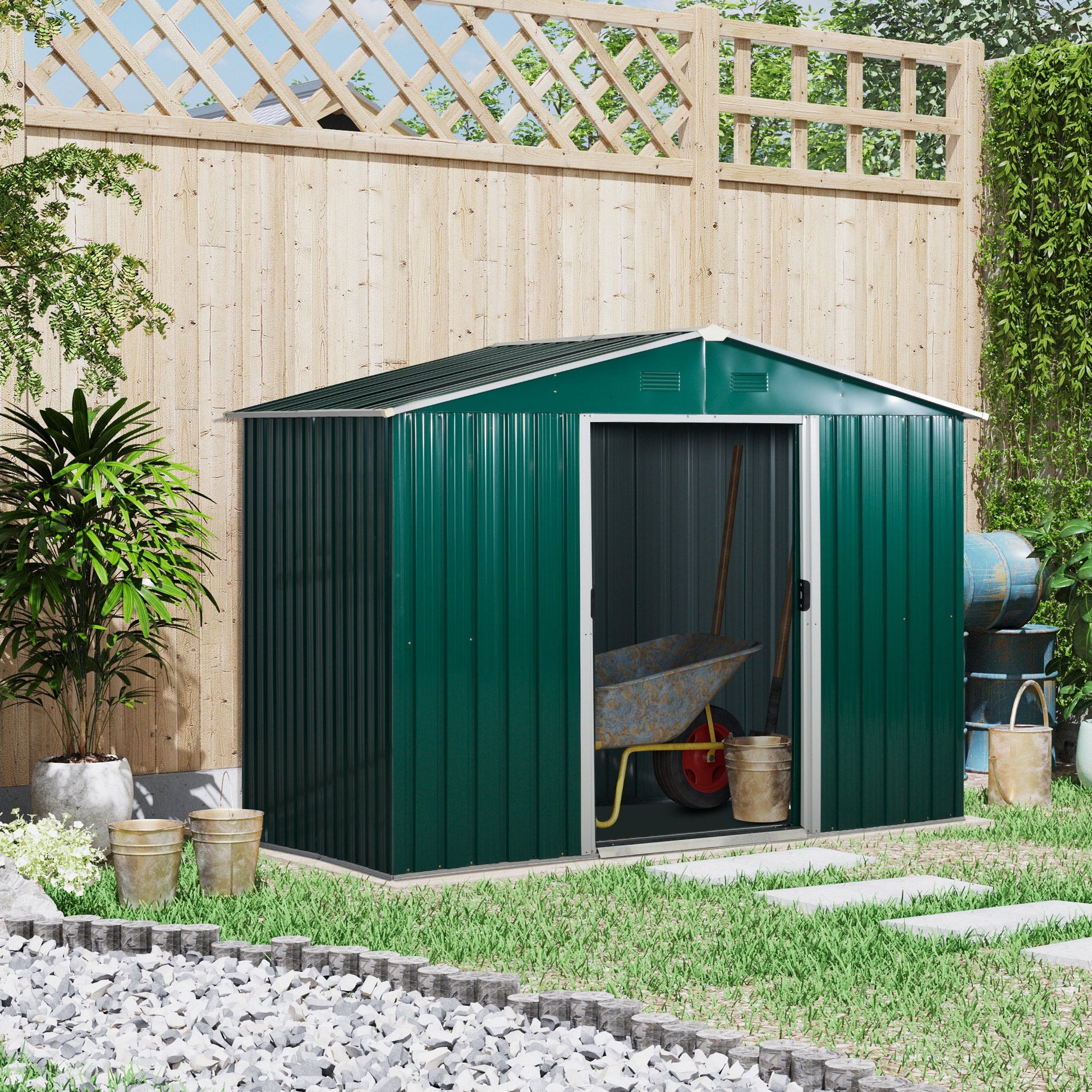 8' x 6' Outdoor Storage Shed, Metal Garden Tool Storage House with Lockable Sliding Doors and Vents for Backyard Patio Lawn, Green Sheds   at Gallery Canada